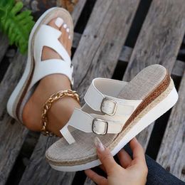 Slippers Lucyever Double Buckle Wedge Heeled Sandals Woman Summer Clip Toe Platform Women Comfortable Thick Sole Flip Flops 43 H240517