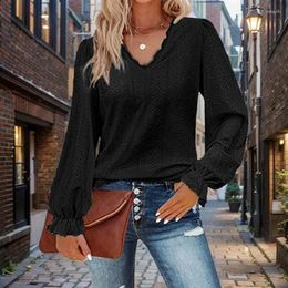 Women's T Shirts Elegant Simplicity Hollow Out Women Tops Casual Pleated Long Sleeved V-Neck Pullover T-Shirt Female Fashion Solid Clothing
