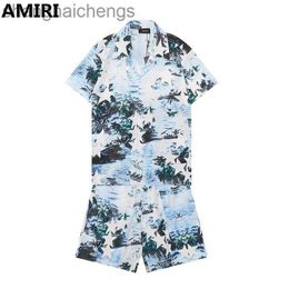 High quality original amirirs short sets luxury top level brand breathable Short sleeve shirt set leisure green mountain flowing water print mens and womens holiday