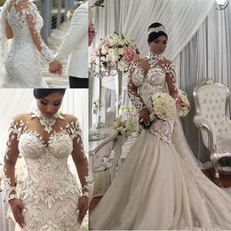 Azzaria Haute Plus Size Illusion Long Sleeve Mermaid Wedding Dresses Nigeria High Neck Full back Dubai Arabic Castle Wedding Gown 239l