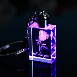 New Style Personalized Laser Engraved 3D Rose Flower Crystal LED Light Keychain Cube Shape Key Ring For Gift 253t