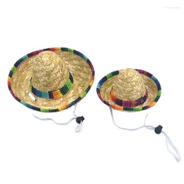 Dog Apparel Straw Weaving Mexico Hat For Cat Dogs Summer Mischievous Party Pet Sunproof With Adjustable Neck Strap