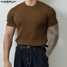 INCERUN Men T Shirt Solid Colour Striped Oneck Short Sleeve Streetwear Casual Clothing Summer 2023 Fitness Fashion Tee Tops 240506