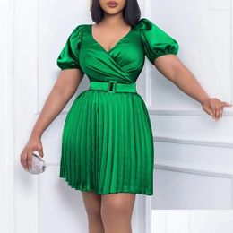 Plus Size Dresses Elegant V-Neck Pleated Mini Dress African For Women Evening Party High Waist With Belt Clothing Drop Delivery Appa Dhsg5