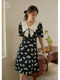 DUSHU Contrast Colour Women Dress Big Bowknot Decorate Elegant Printing Slim Thin Short Sleeve Summer Design Sense Female 240513