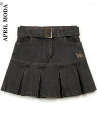 Skirts Y2K Butterfly Embroidery Denim Skirt Summer High Street Girl Korean Style Waist Party Skater Black Pleated With Belt