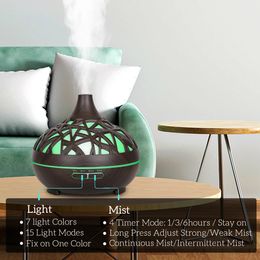 Humidifier Aromatherapy Essential Oil Diffuser Hollow Wood Grain Remote Control Ultrasonic Air Humidifier Cool with 7 Color LED 240507