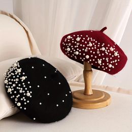 Berets Female Fall Winter Lamb Wool Beret Pearl Rhinestone Decorative Painter Hat Retro Japanese Style Fashion Round Top Girls