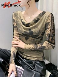 Women's T Shirts MadBlack European Clothes Tshirt Women Sexy Shawl Collar Ruched Print Slim Mesh Tops Long Sleeve Tees Autumn Winter