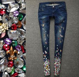 Women Denim Pencil Pants Female Trousers Diamond Beading Jeans1444648