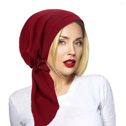 Ethnic Clothing Muslim Women Pre-Tied Hat Turban Chemo Cap Headscarf Solid Color Elastic Headband Hair Loss Wrap Scarf Bonnet Beanies