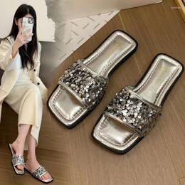 Slippers French Water Diamond Fairy Wind Women's Shoes 2024 Summer One Word Drag Flat Bottom Sequin Low Heel Sandals