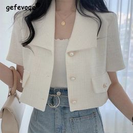 Spring and Autumn Polo Collar Elegant Button Coat Womens Short sleeved Simple Button Pioneer Womens Casual Fashion Full Matching Jacket 240517