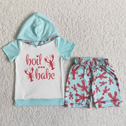 BAD BABE red lobster heart print white and blue hoodie short sleeve with lobster print blue shorts boys two piece set