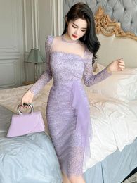 Casual Dresses Korean Fashion Lace Party Long Dress Ladies Mujer Women Clothes Elegant See Through Sleeve Wrap Hip Vestidos Robe Femme