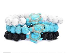 Summer Style Sea Turtle Beaded Strands Bracelets For Women Men Classic 8MM Turquoise Lava Stone Elastic Friendship Bracelet Beach Jewelry 3 colors