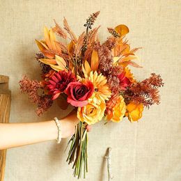 Decorative Flowers Autumn Bouquet Silk Rose Gerbera Daisy Sunflower Fake Artificial Flower For Home Wedding Halloween Decoration Fall Decor