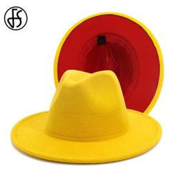 FS 2020 New Yellow Red Patchwork Wool Felt Jazz Fedora Hats Men Women Wide Brim Panama Cowboy Trilby Hat Party Elegant Cap52167483553016