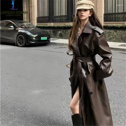 Women's Leather Coat For Women Adjustable Waist Long PU Jacket V-Neck Clothes England Style High Quality Autumn And Winter 2024