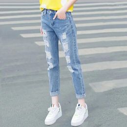 Women's Jeans Large Size Female Hole Cowboy Trousers Women High Waisted Wide Legs Denim Pants Korean Ladies Nine Point Harlan Ripped