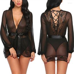 Women's Sleepwear Fashion Sexy Lace Edge Night Dress Tie Home Set Mesh Perspective Sleeping Hollowed Out Womens Nightgown Lingerie
