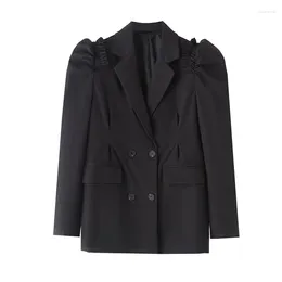 Women's Suits Women Fashion Ruffle Puff Sleeve Black Suit Jacket Double-breasted Notched Collar Long Female Blazers Coat Spring