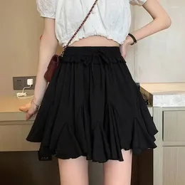 Skirts Ruffled A-line Skirt Pleated Fluffy High Waist Mini Elastic Summer White Black Solid Cake Aesthetic Female