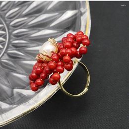 Cluster Rings Natural Pearl Ring Handcrafted Beaded Red Coral Flowers Shape For Women Trendy Fine Jewellery Wedding Gifts Luxury Party