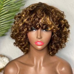 Curly Bob Human Hair Wigs with Bangs Short Rose Glueless Full Machine Made Burgundy Highlight Blonde Colored Wig