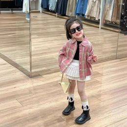 Jackets Girls Coat 2024 Spring And Summer Korean Style Sweet Cool Spice Girl Pink Ruffled Plaid Shirt Boys Cardigan