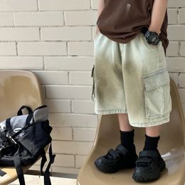 Childrens Shorts Summer Korean Boys Fashion Versatile Trendy Cool Halo Dyed Workwear Denim Shorts 240518