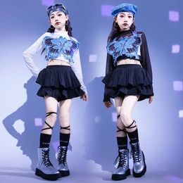 Girls Modern Jazz Dance Costume Kids Crop Top Black Skirt Teenager Kids Hip Hop Outfits Children Kpop Performance Wear 240517