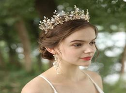 Opal Crystal Bridal Tiara Women Hair Crown Pearls Leaf Headpiece Hand wired Wedding Prom Tiaras Hair Accessories J011374056361860915