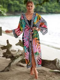 Bohemian Printed Plus Size Batwing Sleeve Belt Long Kimono Dresses Summer 2024 Women Loose Beachwear Swim Suit Cover Up Q1512 240518