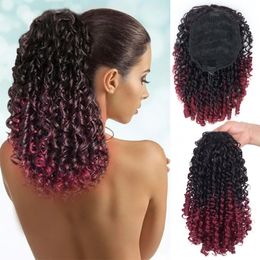 14 Inch Ombre Red Drawstring Ponytail Extension for Black Women Synthetic Curly Drawstring Ponytail Extensions With 2 Clips On 240518