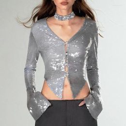 Women's Blouses Street Style Sequined Short Tops Sexy Nightclub Blingbling Clothing Fashion Gothic V-neck Flare Sleeved Slim Blouse