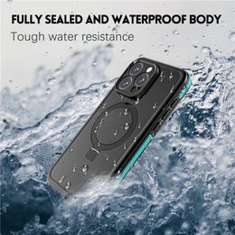 Magnetic Waterproof Phone Case for iPhone 15 Pro Max 5G Outdoor Sports Lanyard Full Protective Foldable Bracket Heavy Duty Shell Supporting Wireless Charging