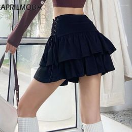 Skirts Preppy Style Black Gothic Mini Tennis Skirt Solid Y2K Short Lace Up Side Harajuku Subcultures Ruffle Cute Kawaii Lolita