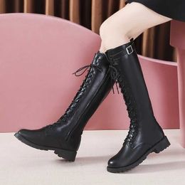 Boots Lucyever Plus Size Autumn Winter Knee High Women Lace Up Low Heels Long Woman Fashion Tube Pu Leather Botas 43 H240517