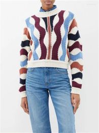 Women's Sweaters Wool Blend Knitted Sweater Contrast Color Striped Knitwears Ladies Loose Round Neck Pullover Tops For Autumn Winter