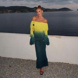 Party Dresses Knitted Tassel Women Prom Dress Full Sleeves Long Evening Gown Yellow Green Girl Street Wear Daily Robes In Stock