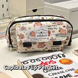 Portable Cute Capybara Flip Pencil Cases Fashion Cartoon Pouch Kawaii Stationery Storage Bag Cosmetic Bags Coin Purse