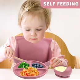 Plates 5 PCS Children's Complementary Silicone Dish Bowl Fork Spoon Bib Tableware Set Resistant To Fall Tray Suction Cup Type