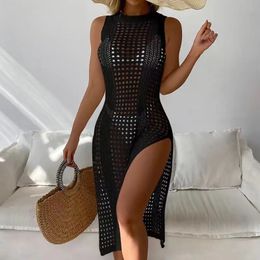 Women Summer Sexy Hollow Out Knitted Beach Cover Up Double Side Slits Dress Femme Beachwear Round Neck Sleeveless Clothes 240513