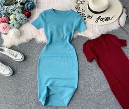 2021 New design women039s fashion solid color oneck short sleeve bodycon tunic knitted pencil dress2174394