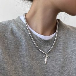 Pendant Necklaces 634C fashionable necklace elegant bow pendant necklace with pendant gray pearl necklace jewelry accessories J240516