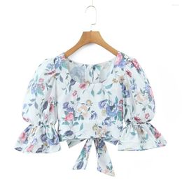 Women's Polos Fashion European And American Style Square Neck Butterfly Print Bubble Sleeve Back Bow Tie Up Top