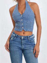 Women's Tanks Camis CHRONSTYLE Sexy Women Halter Off Shoulder Tank Tops Slveless Backless Buttons Up Summer Denim Vest Club Party Strtwear 2024 Y240518