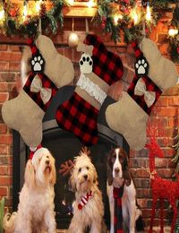 Christmas sock decoration gift bag dog paw Xmas plaid cloth bone stocking7478126