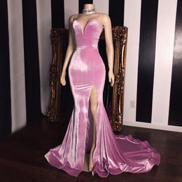 Pink Velvet Mermaid Prom Dresses Plunging Neck Side Split Evening Gowns Sweep Train Plus Size Formal Dress 272O